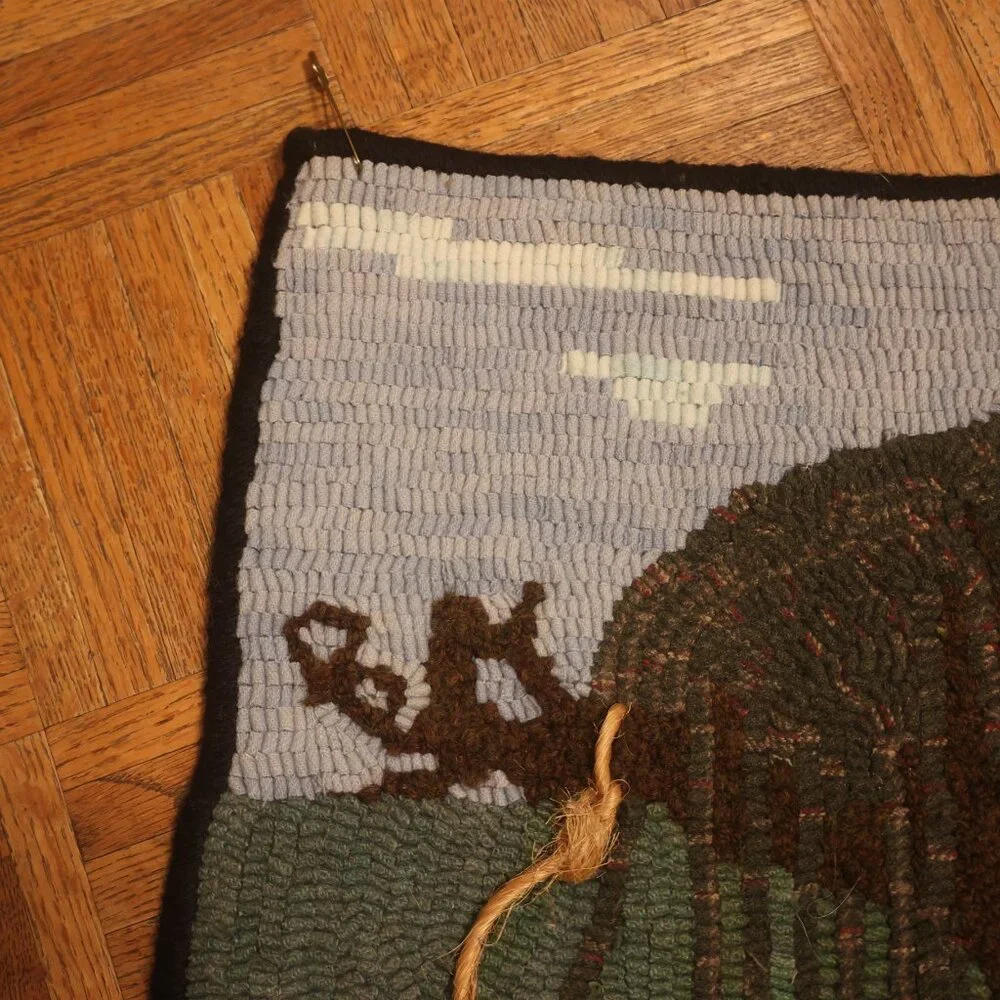 HAND HOOKED Rug Summer Lake House Boat Scene FOLK ART River 25x19